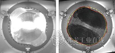 由顶部相机拍摄的图片记录了玻璃纤维（左图）和碳纤维试样的变形情况。右图还显示出了图像分析软件的检测结果：红线标示出了试样轮廓，黄色圆圈则描绘了与试样面积相同的一个圆