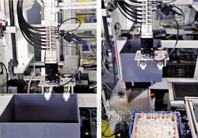 机械手臂分离合格品/次品：水口料与次品被放入粉碎机（左），CoMo Injection系统判定是合格的产品通过传送带输送到收集箱中（右）