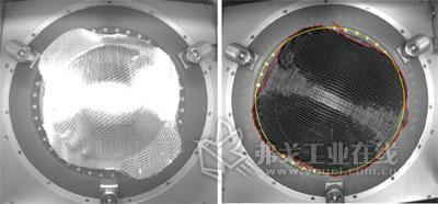由顶部相机拍摄的图片记录了玻璃纤维（左图）和碳纤维试样的变形情况。右图还显示出了图像分析软件的检测结果：红线标示出了试样轮廓，黄色圆圈则描绘了与试样面积相同的一个圆