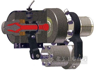 图1 针型封闭式喷嘴有一个放在流动方向上的针形阀，它可用机械方式打开并用一个液压或气压驱动缸关闭。熔体以环形路径围绕针流动（图片来自SE System Engineering公司/MD Plastics公司）