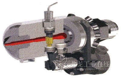图2 针型或螺栓型截流喷嘴的针垂直于流道，针销由液压或气动制动，这种喷嘴具有一个全开放的流道（图片来自Herzog Systems公司）
