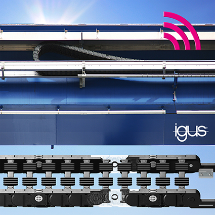 全新的免维护滑动轴承和智能磨损度传感器，可以让 P4.1 轮式拖链在起重机和龙门架系统应用中拥有更长的使用寿命。(来源：igus GmbH)