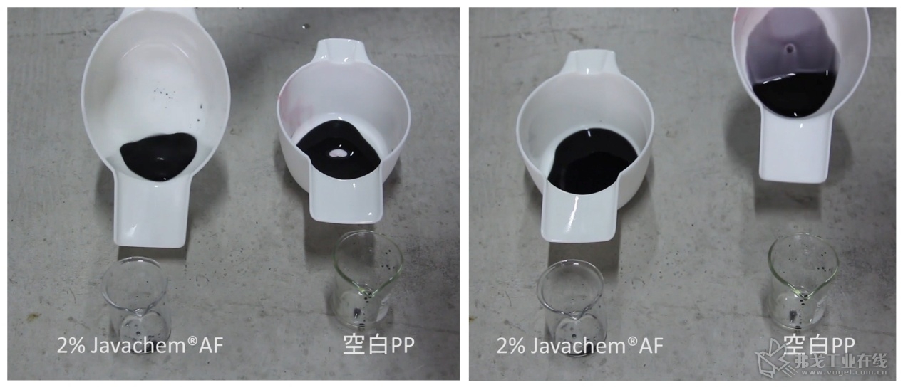 图6 残留性试验：Javachem®AF材料所制成的容器其内部的墨水残留更少
